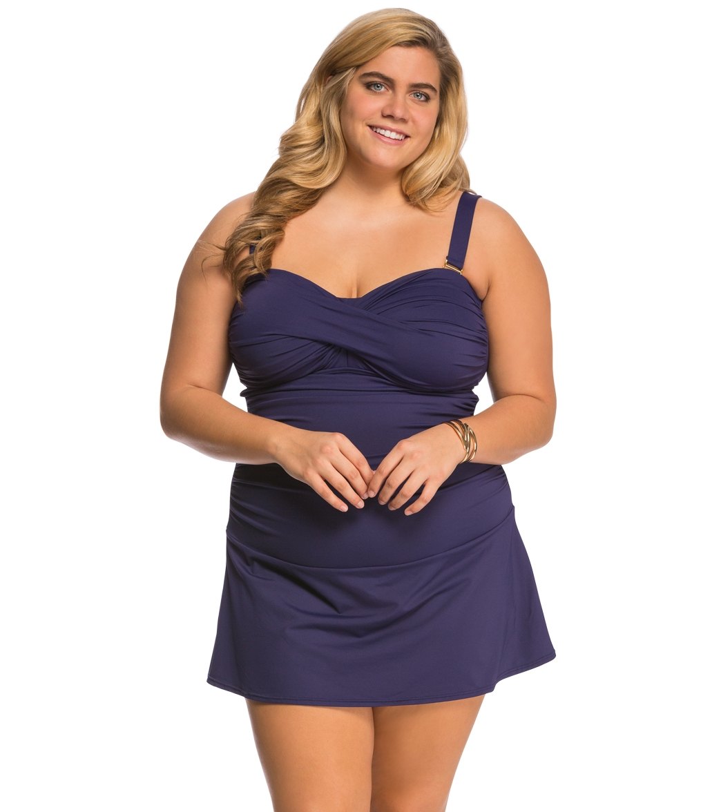 anne cole plus size color blast solid twist front shirred swimdress anne cole plus size swimwear